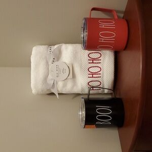 Set of 3 Rae Dunn items - two insulated mugs and set of two hand towels.